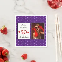 50 & Fabulous Name Photo Red 50th Birthday Purple Napkins