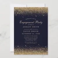 Gold Confetti Navy Blue Modern Engagement Invitation