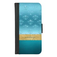 Girly Glam Turquoise and Gold Glitter Personalized iPhone 8/7 Wallet Case