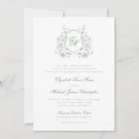 Formal Sage Green Floral Crest Monogram Wedding Invitation