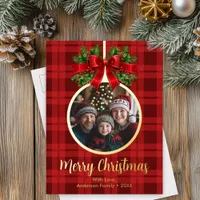 Christmas Ball Ornament Photo Buffalo Plaid Foil Holiday Postcard