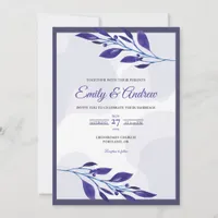 Navy Blue Leaf Elegant Floral Watercolor Wedding Invitation
