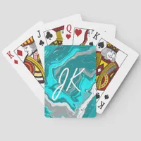 Blue, Teal and Turquoise Marble Fluid Art Monogram Poker Cards