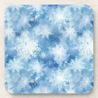 Blue with Snowflakes Watercolor Style Beverage Coaster