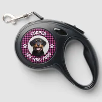 Modern Minimalist Pink Tartan Plaid Photo Name Retractable Pet Leash