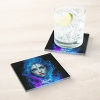 Mystery Woman Emerging from Blue & Purple Flames Glass Coaster