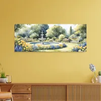 Elegant Garden with Trees, Fountain and Bench Canvas Print