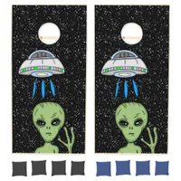 Alien and UFO starry black background Cornhole Set