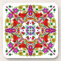 Pretty Colorful Cardinals and Flowers Beverage Coaster