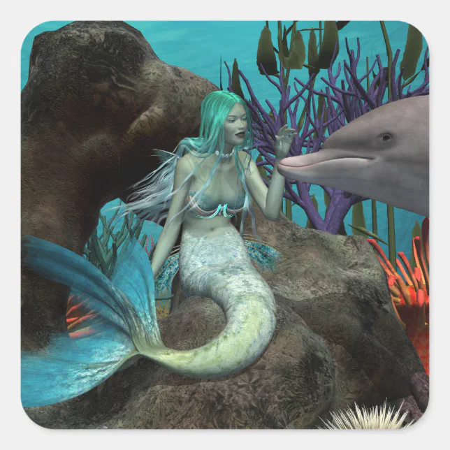 Mermaid and Dolphin Under the Sea Square Sticker