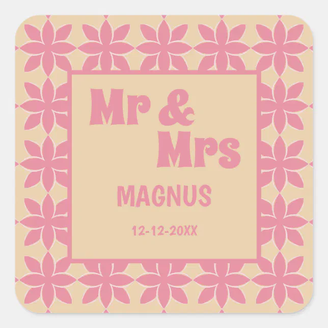 Retro groovy 70's bold typography peach & pink square sticker