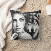 Native American Woman Embracing Wolf at Dusk Throw Pillow