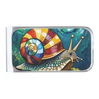 Vibrantly Colorful Impasto Whimsical Snail Silver Finish Money Clip
