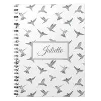 Grey White Hummingbird Pattern Personalised Notebook