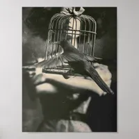 Surreal Black and White Caged Bird and Lady Poster