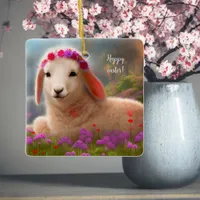 Cute easter lamb with flowers -  easter  ceramic ornament