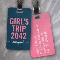 Girl's Trip Blue Pink Calligraphy Monogram Luggage Tag