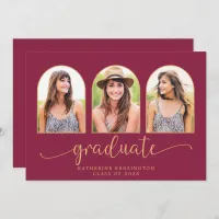 Elegant Boho Arch Burgundy Gold 3 Photo Graduation Invitation