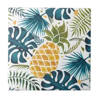 Golden pineapple blue palm leaves foliage white ceramic tile