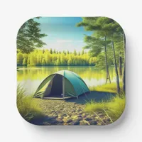 Tent in a Beautiful Forest by a Lake Paper Plates