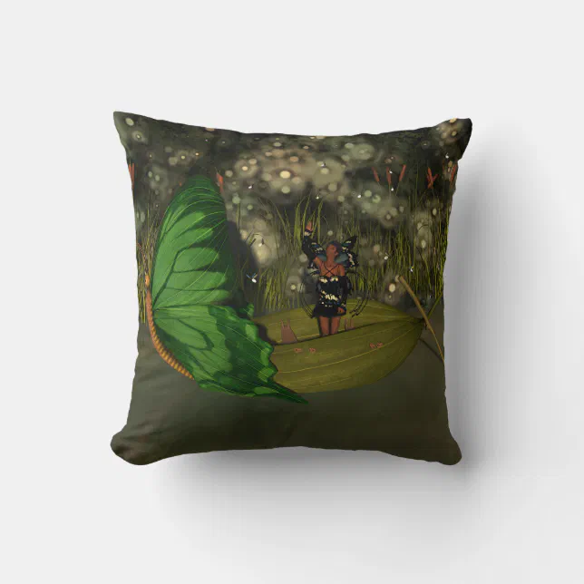 Cute Fairy in Boat with Fireflies Throw Pillow