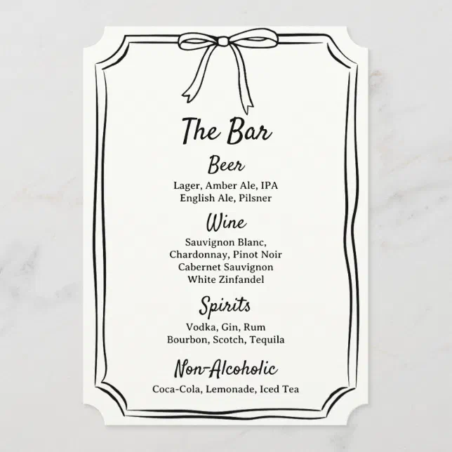 Hand Drawn Bow Scribble Modern Classic Wedding Bar Menu