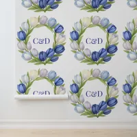 Wedding Monogram  Blue Tulip Wreath Watercolor Wallpaper