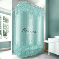 Monogram Aqua Blue Dbl Dripping Glitter Metallic Shower Curtain