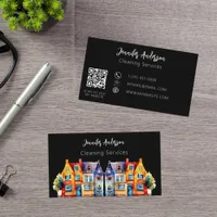 Black home cleaning service QR code Business Card