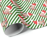 Green & White Stripes Santa Hats Custom Photo Wrap Wrapping Paper