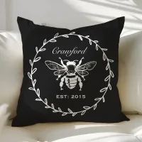 Vintage Black Honey Bee Laurel Honeycomb Monogram Throw Pillow