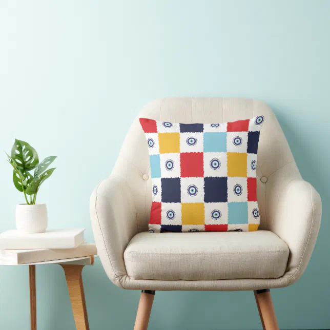 Greek Eye Colorful Squares Pattern Throw Pillow