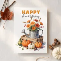 Rustic Watercolor Pumpkin Fall Floral Thanksgiving Card