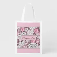 Personalized Pink & Mauve Vintage Rose Pattern  Grocery Bag