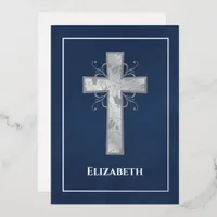 Navy and Silver Baptism or Christening Filigree  Foil Invitation