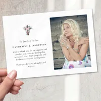 Floral Cross Photo Sympathy Funeral Memorial Thank You Card