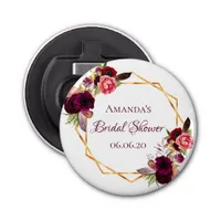 Bridal shower floral gold geometric burgundy name bottle opener