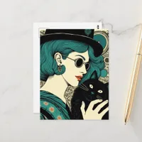 A woman with her black cat  postcard