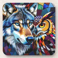 Wolf and Owl Vibrant and Colorful  Beverage Coaster