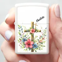 Christian Cross Framed by Artistic Floral Halo Zippo Lighter