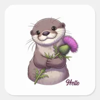 Watercolor Otter and Thistle Square Sticker