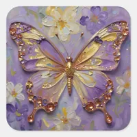 Beautiful Purple Butterfly and Flowers Square Sticker