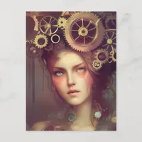A fantasy woman with steampunk gears on her head postcard