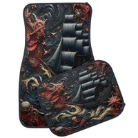 Dark Nautical Adventure With Pirate Ship and Waves Car Floor Mat