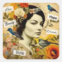 Hope, Love, Beauty, Dream Vintage Lady Square Sticker