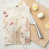 Beige cream watercolor wildflowers pink boho kitchen towel
