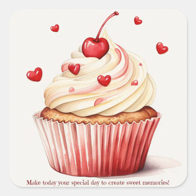 Sweet Cupcake Red Hearts Valentine's Day Card Square Sticker