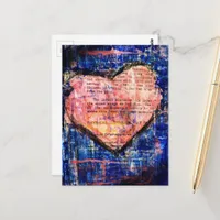 Pretty Pink Heart On Blue Mixed Media Collage Postcard