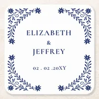 Elegant Boho Navy Floral Wedding  Square Paper Coaster