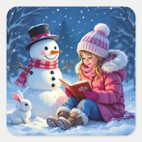 Little Girl Reading a Story to a Snowman Christmas Square Sticker